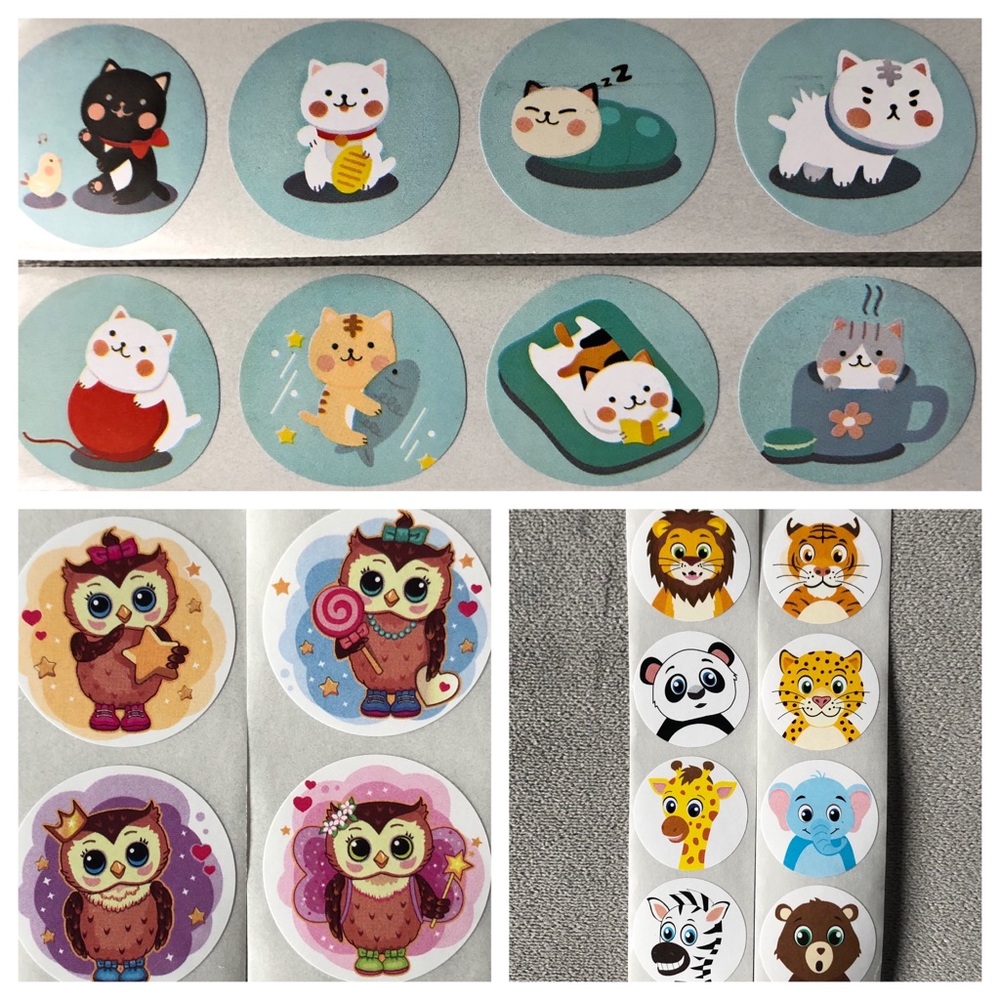 200 One Inch Stickers ~ Animal Theme ~ Owl, Kawaii Asian Cat, Wild Animals